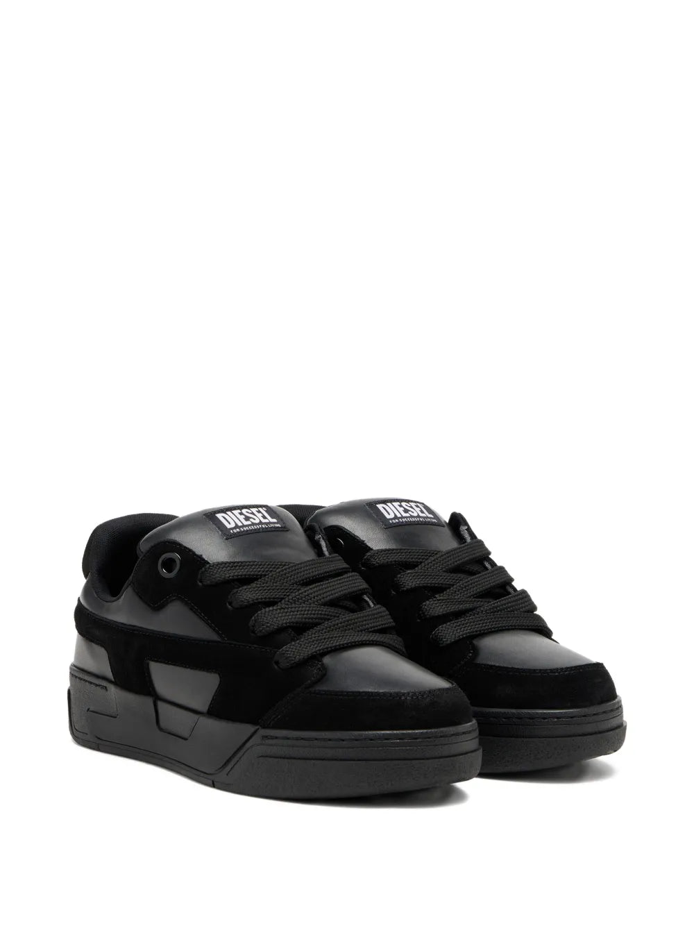 Black Diesel sneakers, lace-up pair with logo tongue labels and cushioned collars.