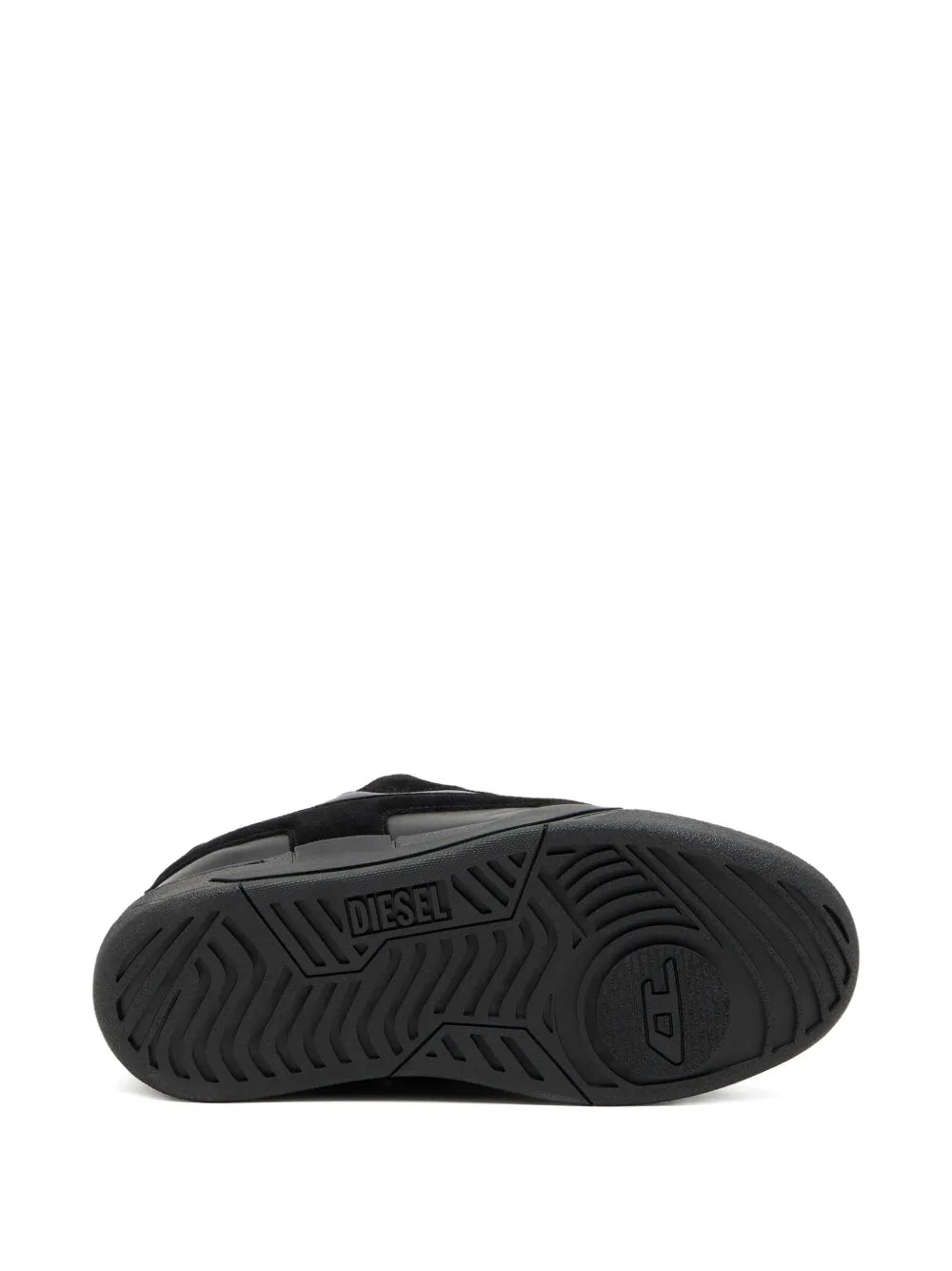 Black Diesel sneaker outsole with patterned tread and molded logo details.