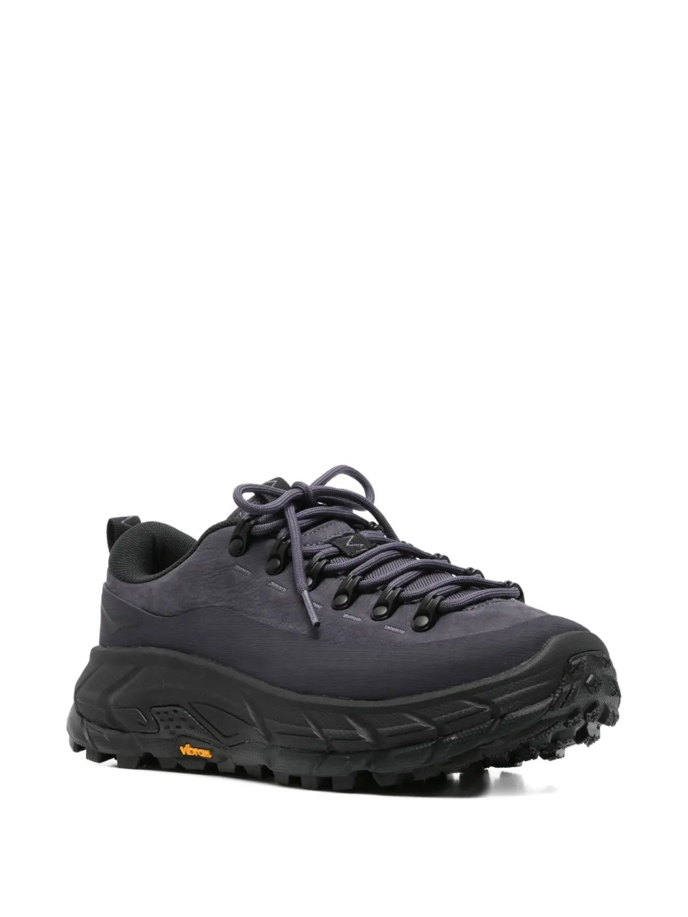 Grey Hoka trail sneakers, side view with rugged outsole tread