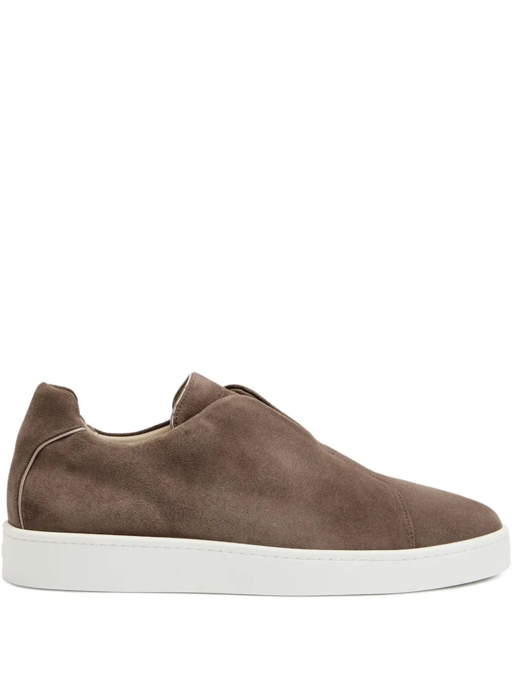 Taupe suede slip-on sneakers with white rubber sole