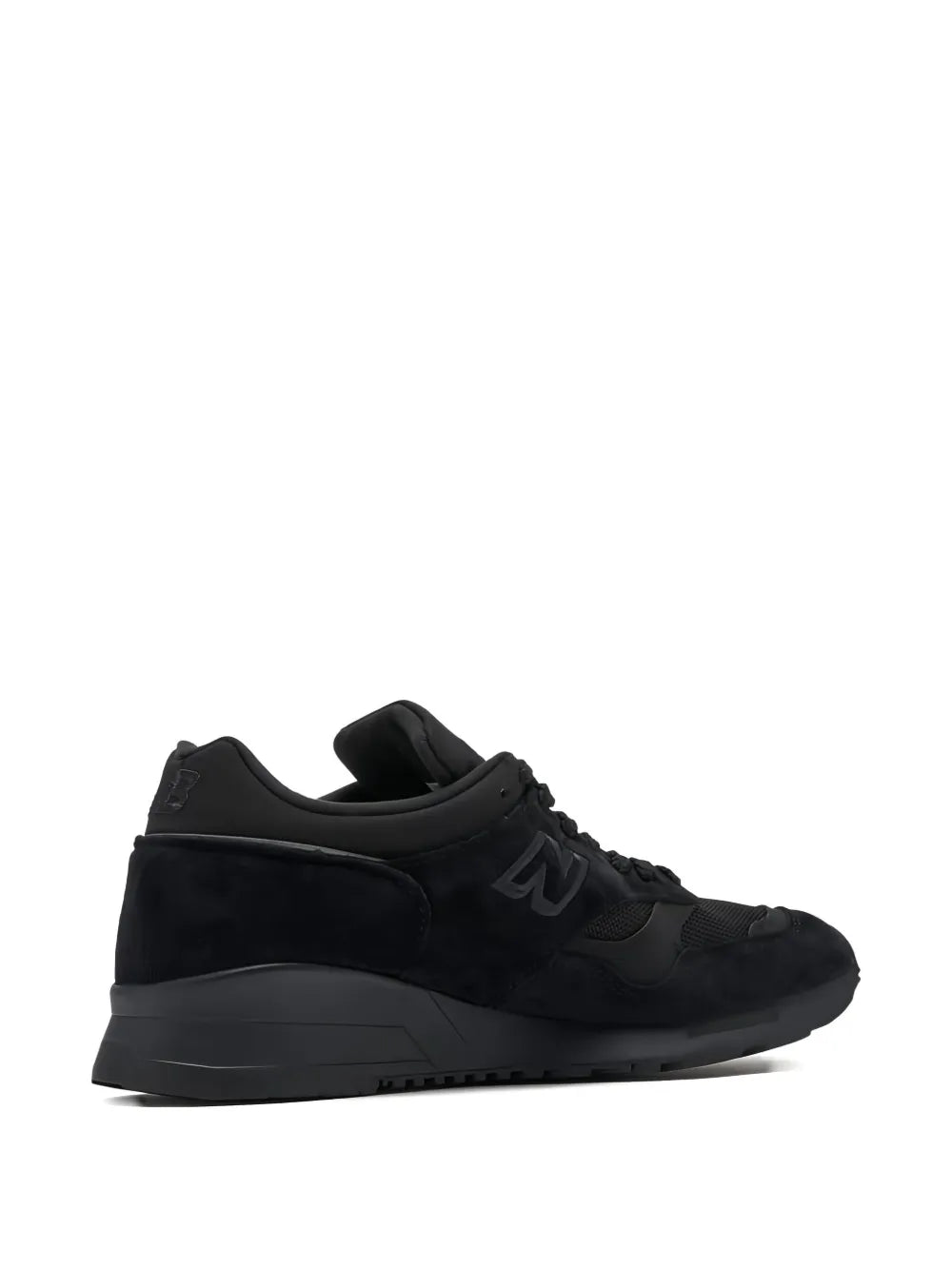 Black New Balance 1500 lace-up sneakers, side and heel view