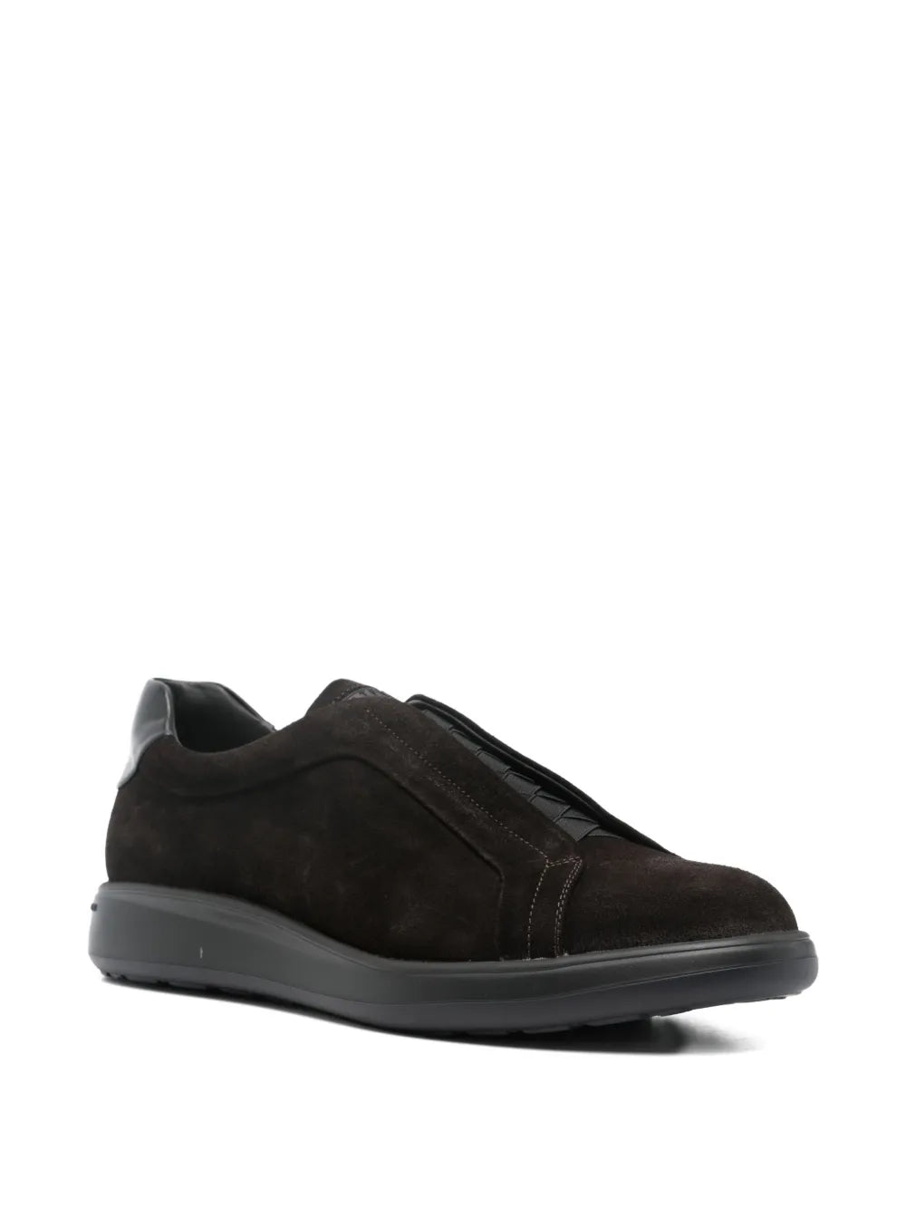 Dark-brown suede lace-up sneakers with stitched side panels and rubber sole