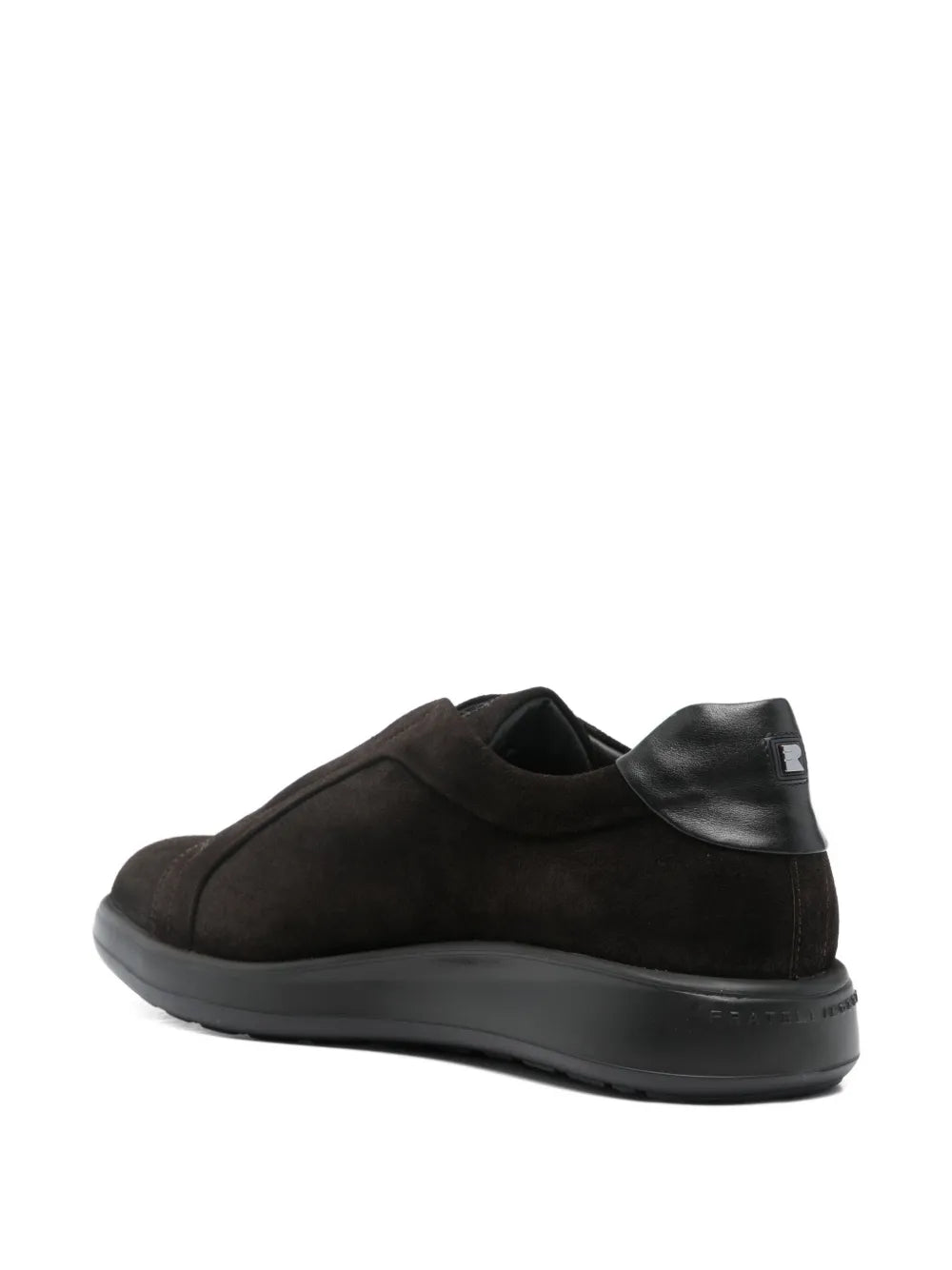 Dark-brown suede low-top sneakers with padded collar and rubber sole