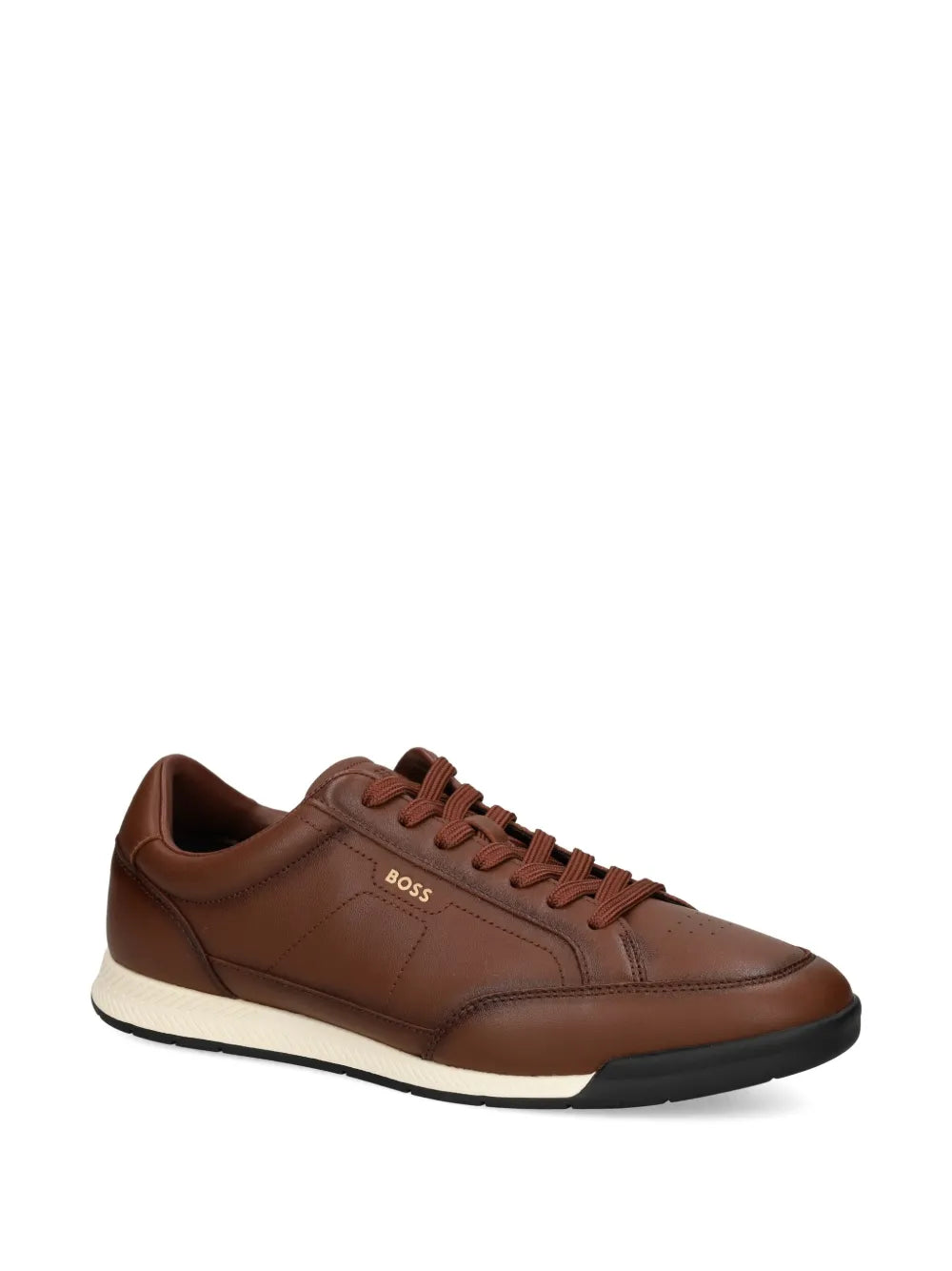 Medium brown leather sneakers with BOSS logo, lace-up, rubber sole