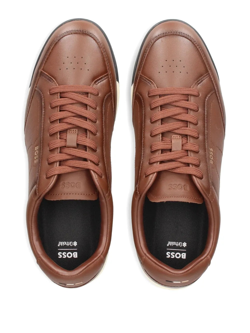 Brown leather lace-up sneakers, perforated toe, orange laces, BOSS heel tag