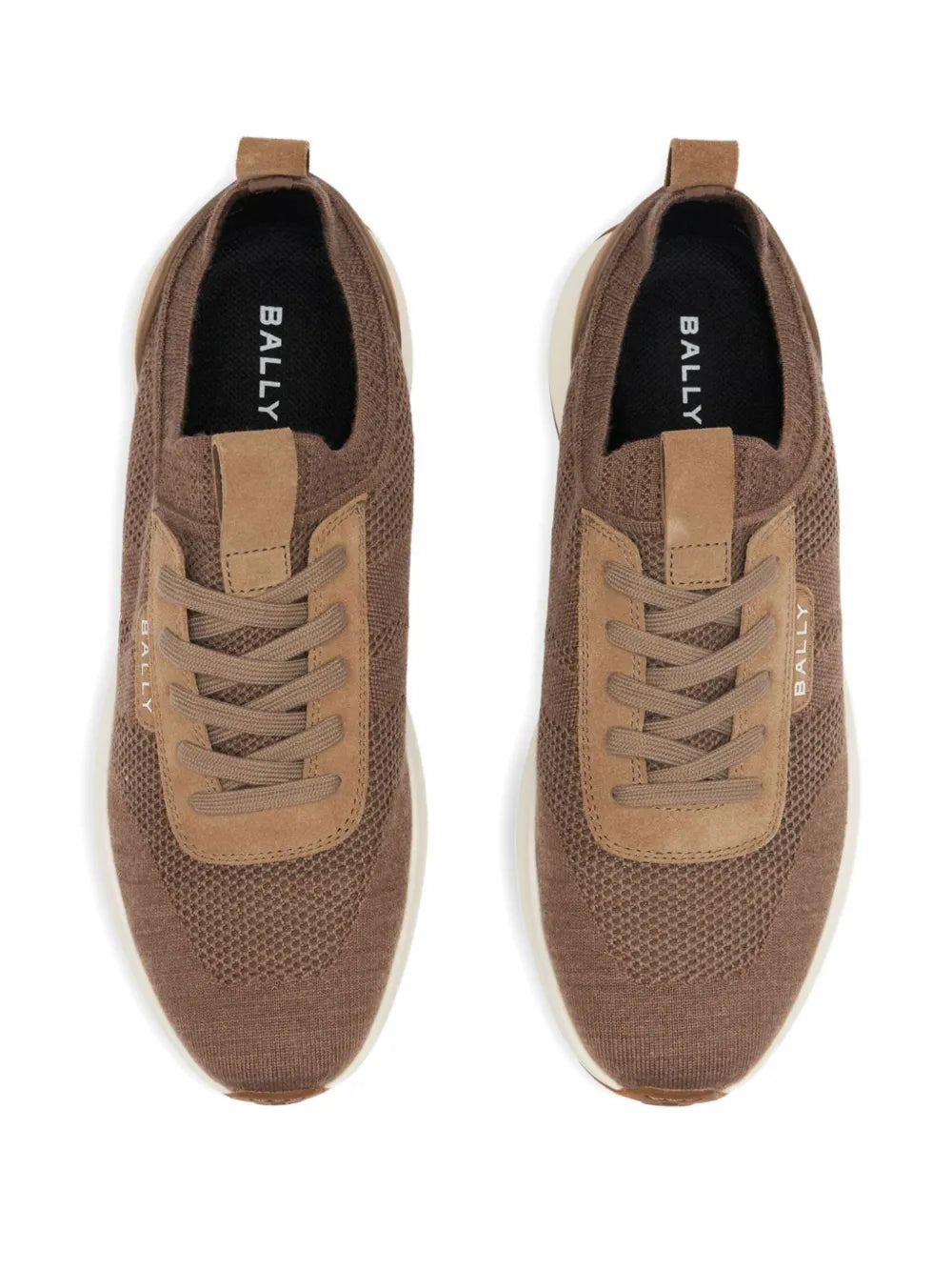 Brown Bally sneakers, front view pair, lace-up design with padded tongue