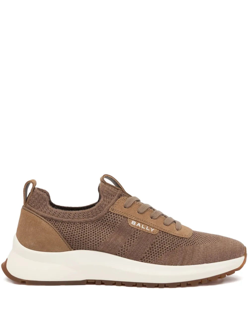Brown Bally low-top sneakers with mesh upper, suede panels, and white rubber sole