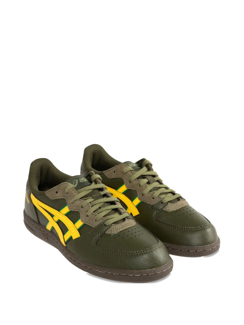 Olive low-top sneakers with yellow cross logo and stripes, lace-up