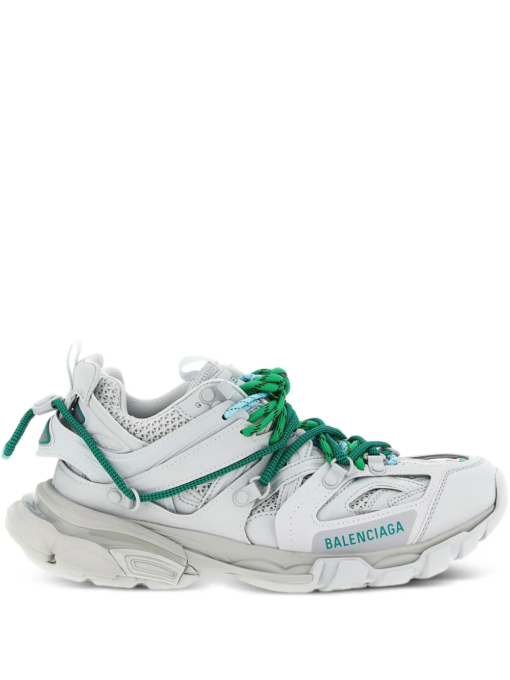 Balenciaga track sneakers in white and grey with green laces, side logo patch