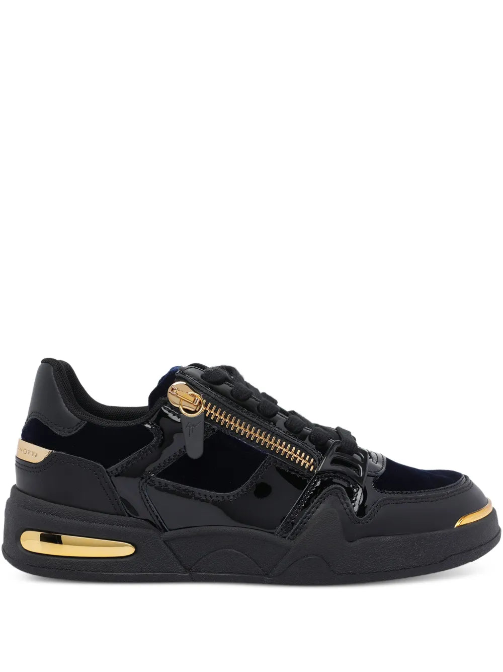 Black zip round-toe sneakers with lace-up and gold-tone zip pull