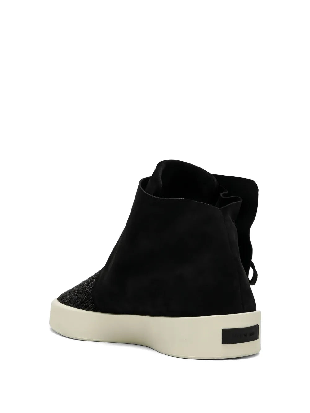 Black high-top lace-up sneakers with off-white sole and black knit side