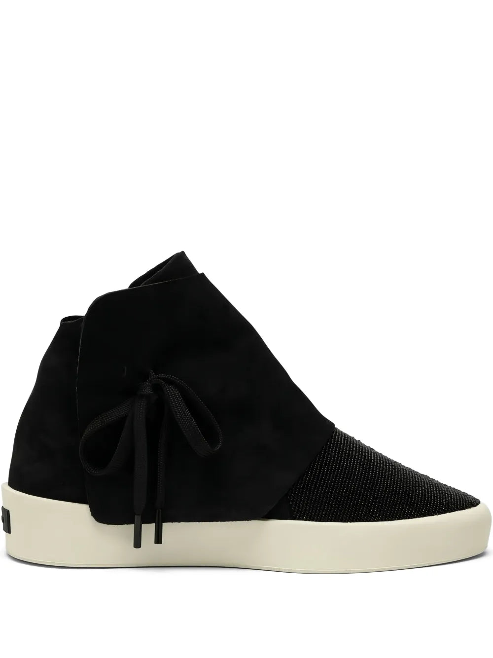Black high-top lace-up sneakers with off-white sole and side knit panel