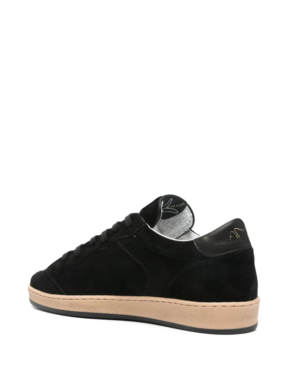 Black suede lace-up sneakers with tan rubber sole, side profile view