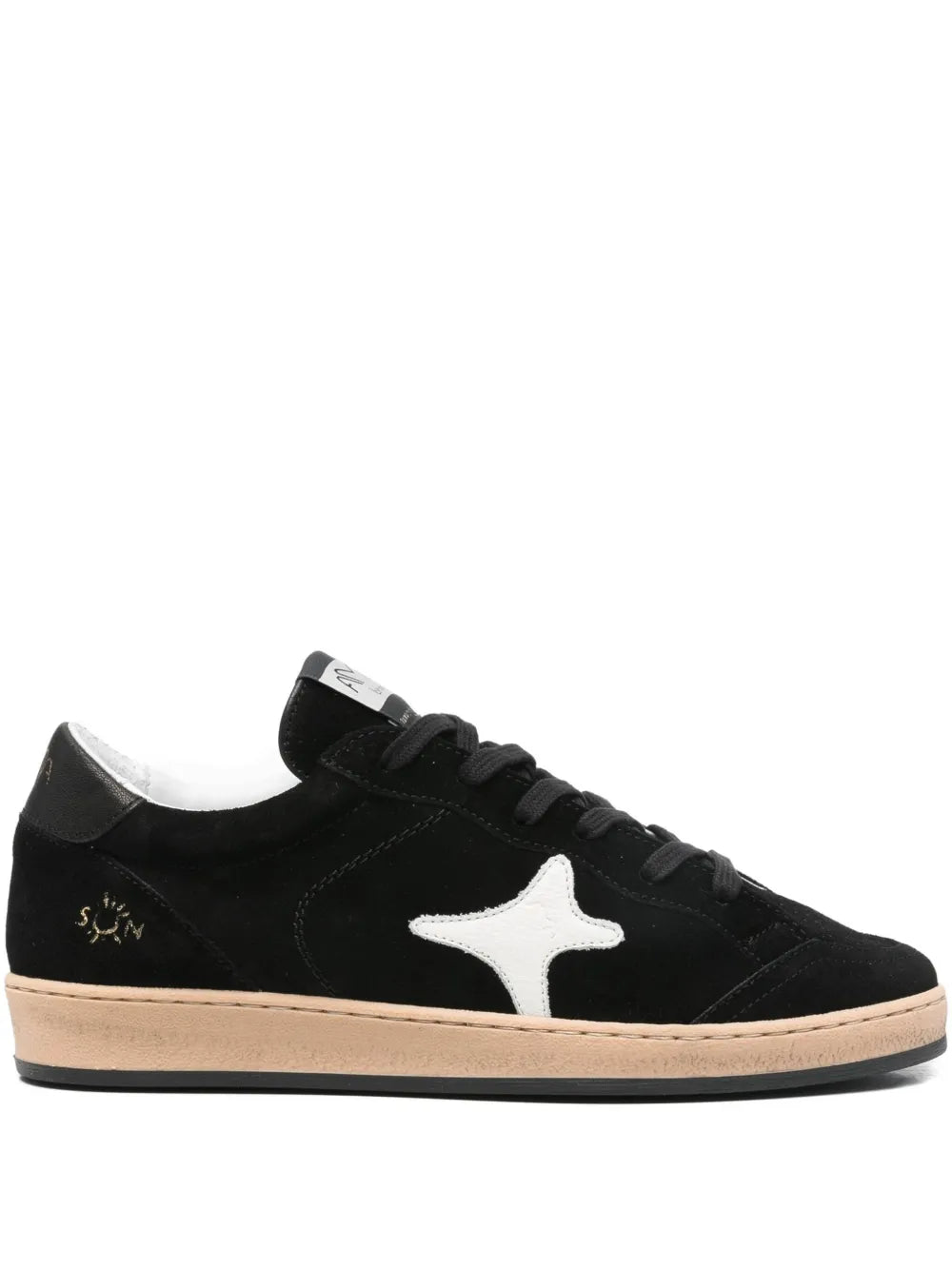 Black suede low-top sneakers with white side logo and tan rubber sole
