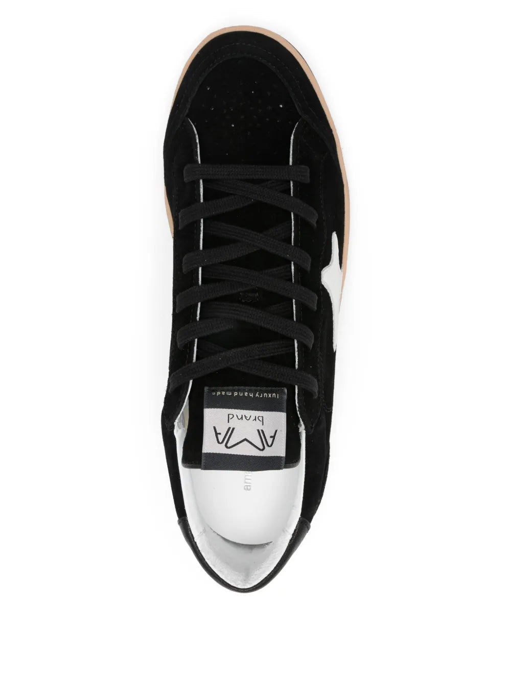Black suede sneakers with lace-up front and tongue logo label