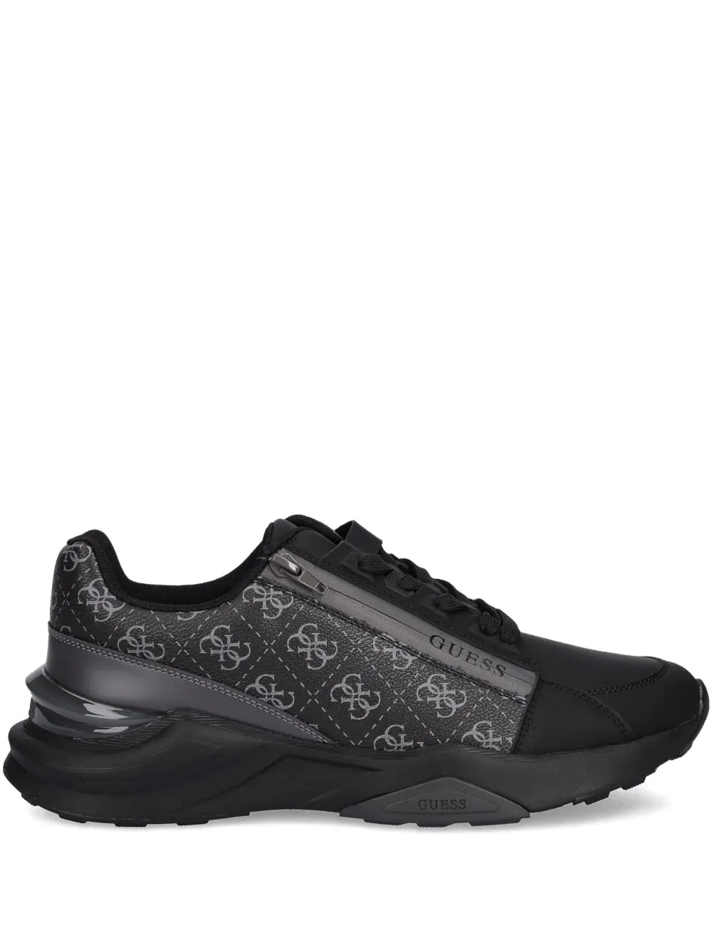 Black lace-up sneakers with Guess logo print and patterned side panels