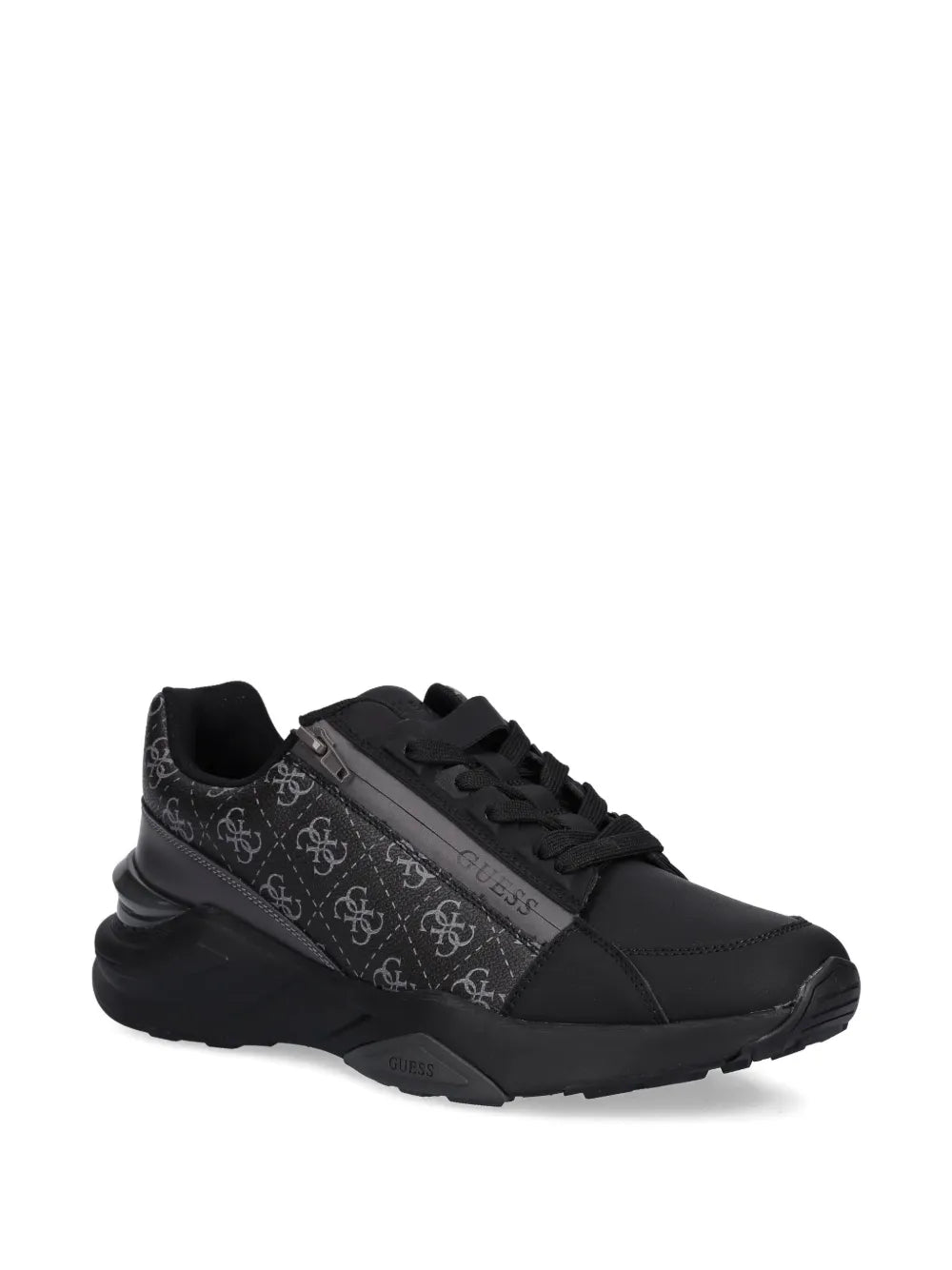 Black lace-up sneakers with Guess logo print and contrast side stripe