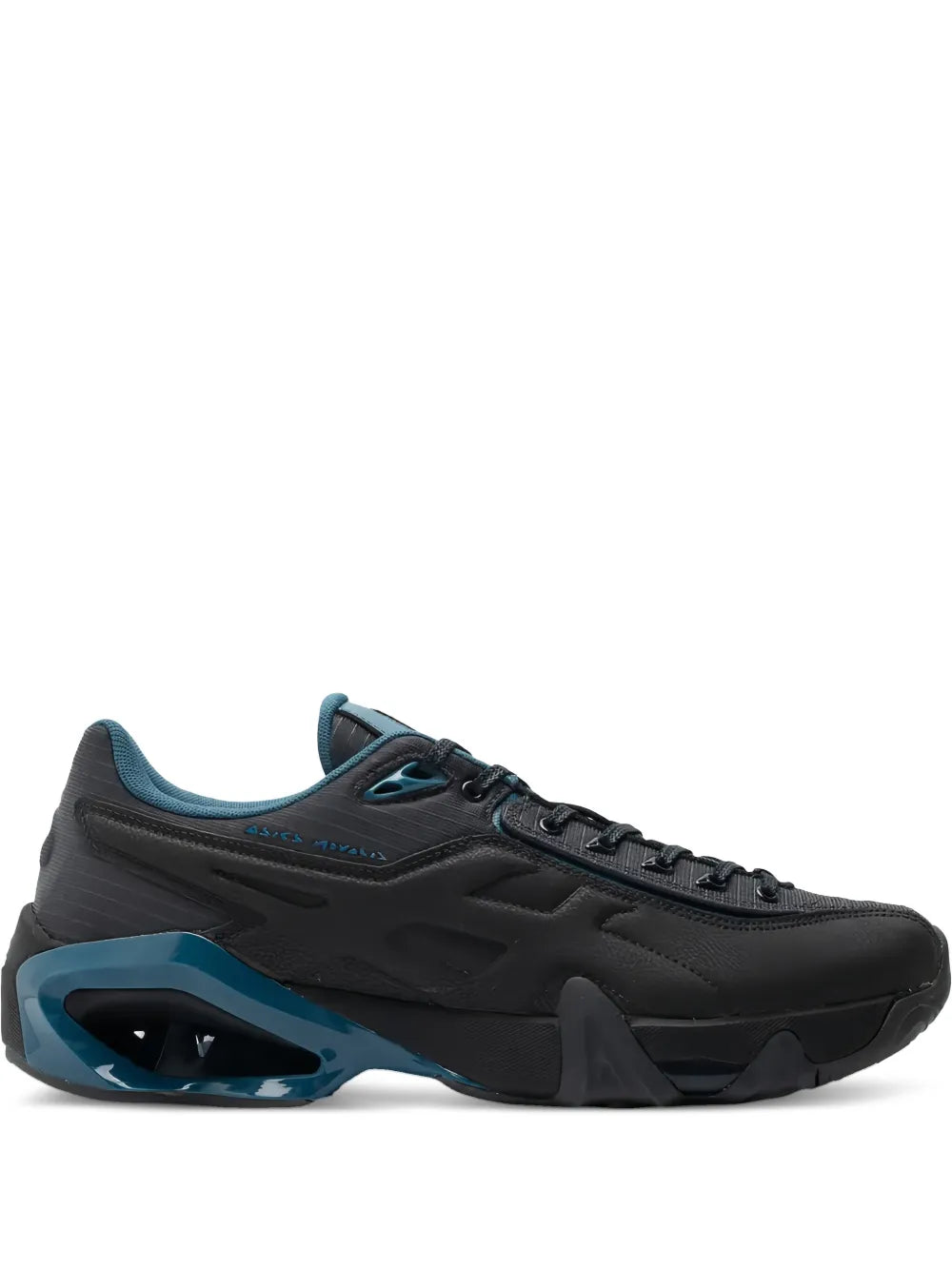 Graphite grey running sneakers with teal accents and chunky rubber outsole