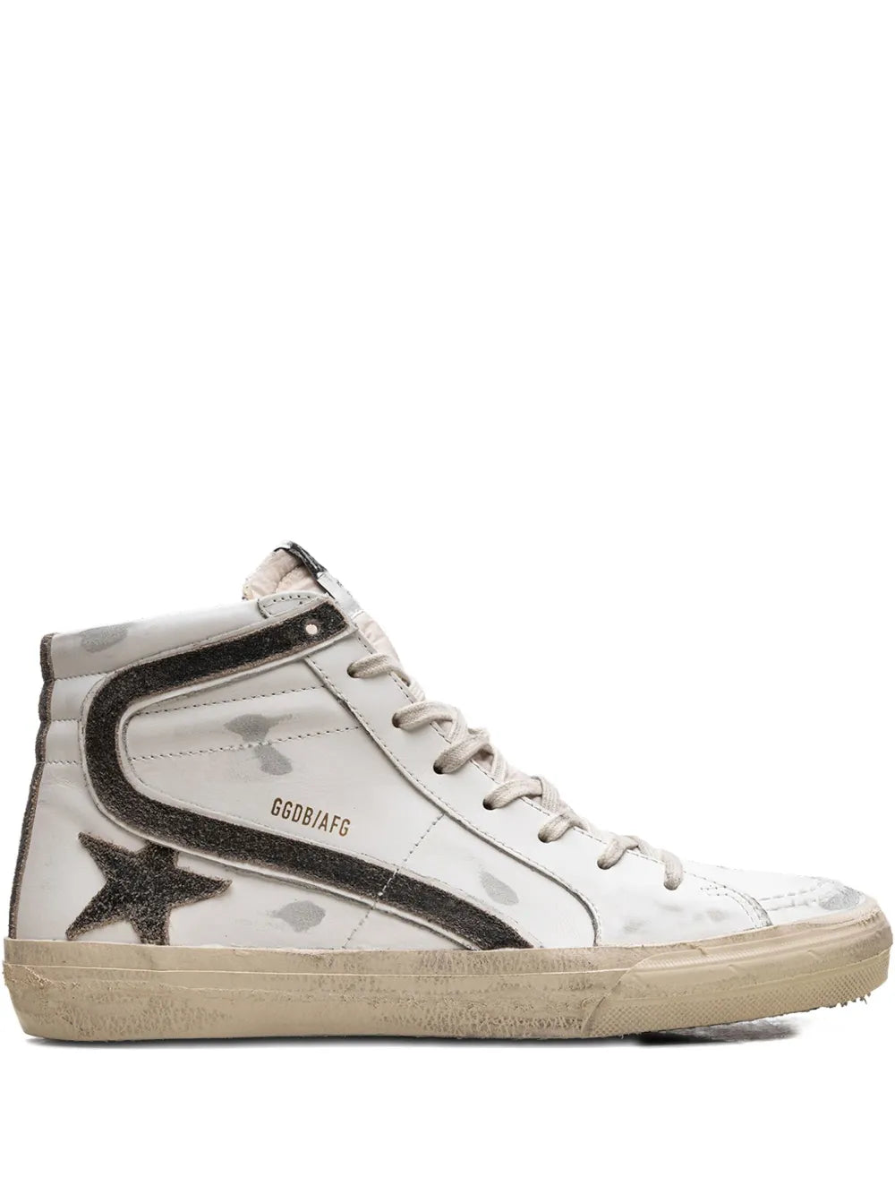 Golden Goose white leather high-top sneakers with black trim and star patch