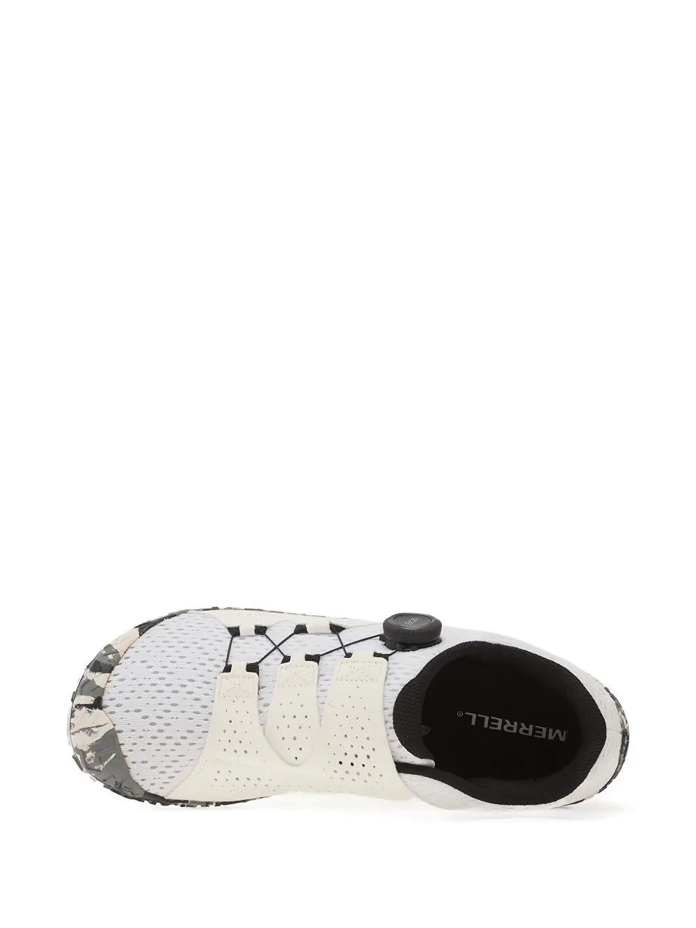 White Merrell Vapor Glove 6 sneakers, side profile with black pull tab and round toe