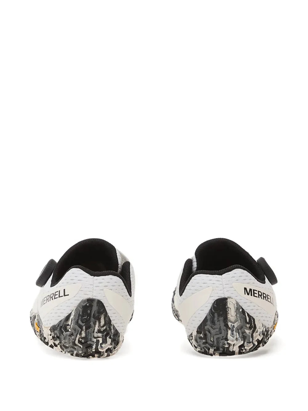 White Merrell Vapor Glove 6 sneakers, heel view with MERRELL logo patch