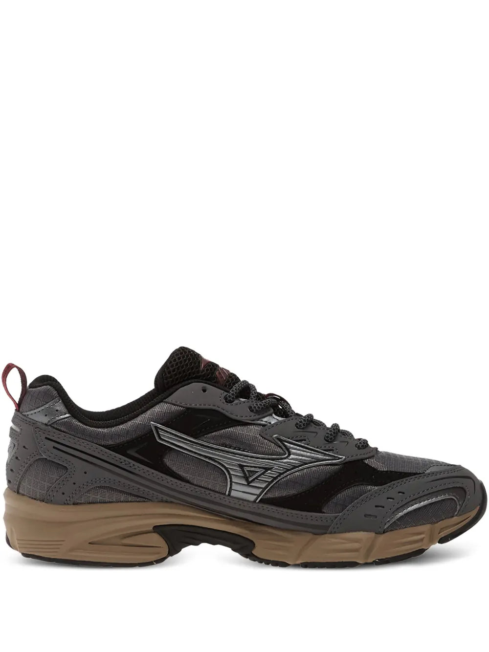 Mizuno Mxr sneakers in dark grey/black with red accents and tan outsole