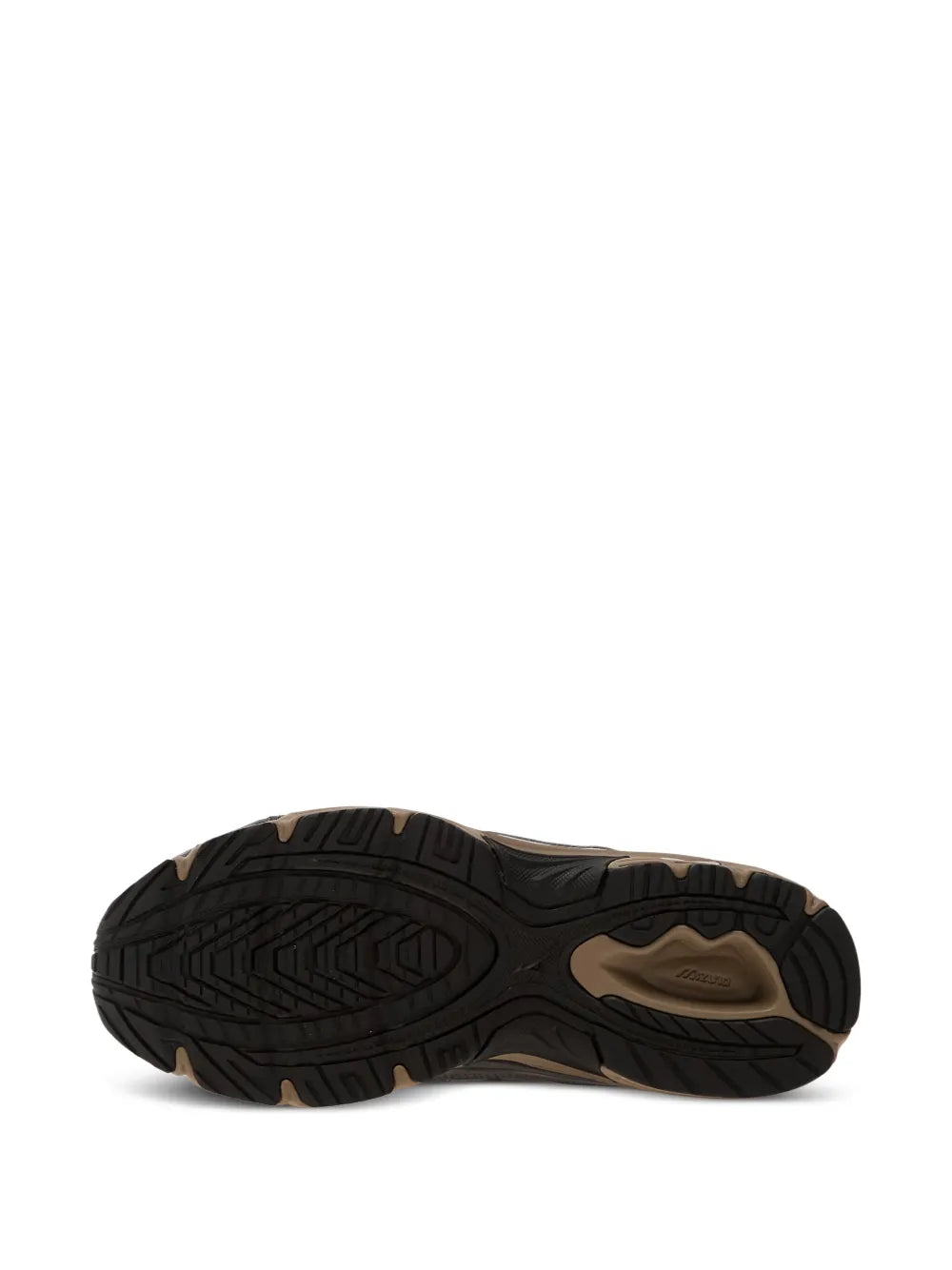 Mizuno Mxr sneakers outsole view, dark tread with tan heel and sidewall
