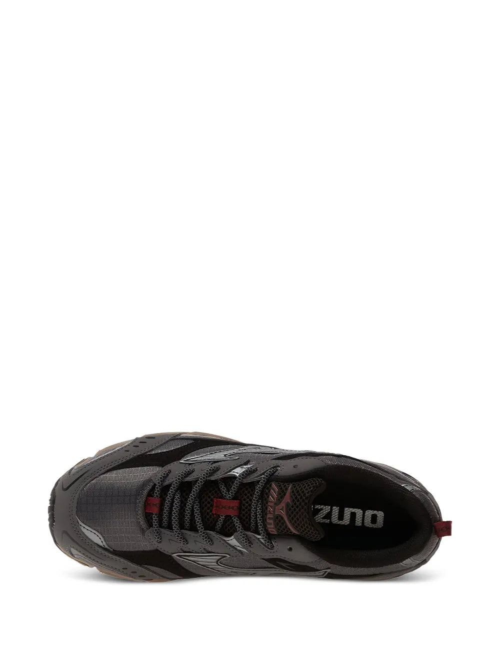 Mizuno Mxr sneakers toe side view, dark grey/black with red detailing