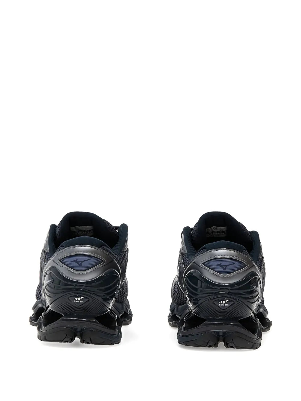 Back view running sneakers, dark navy/black with padded collar and Mizuno logo