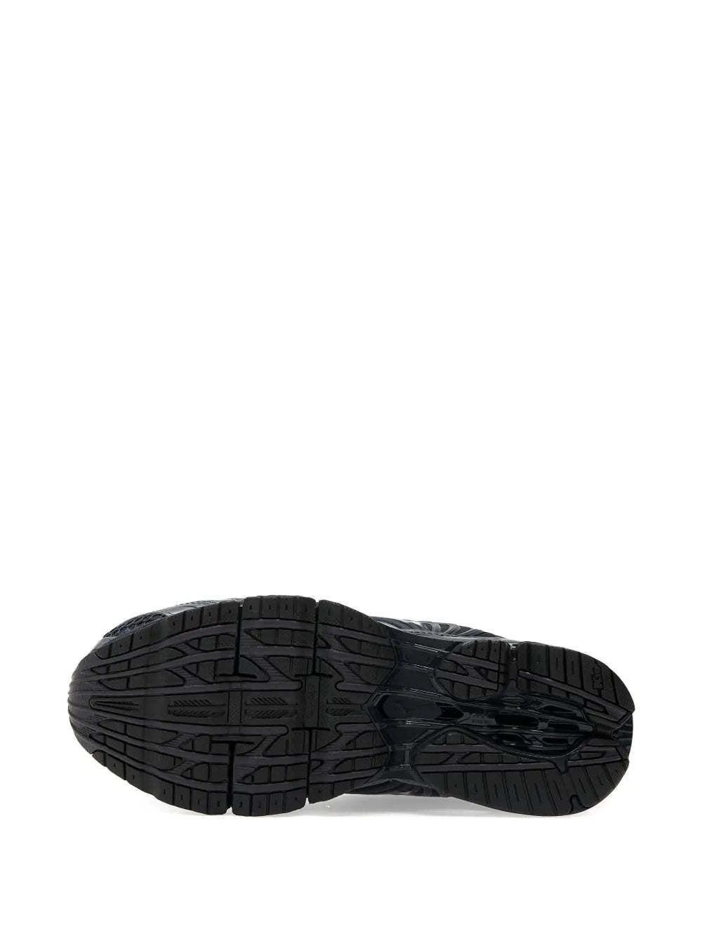 Outsole view of dark navy/black running sneakers with textured traction tread