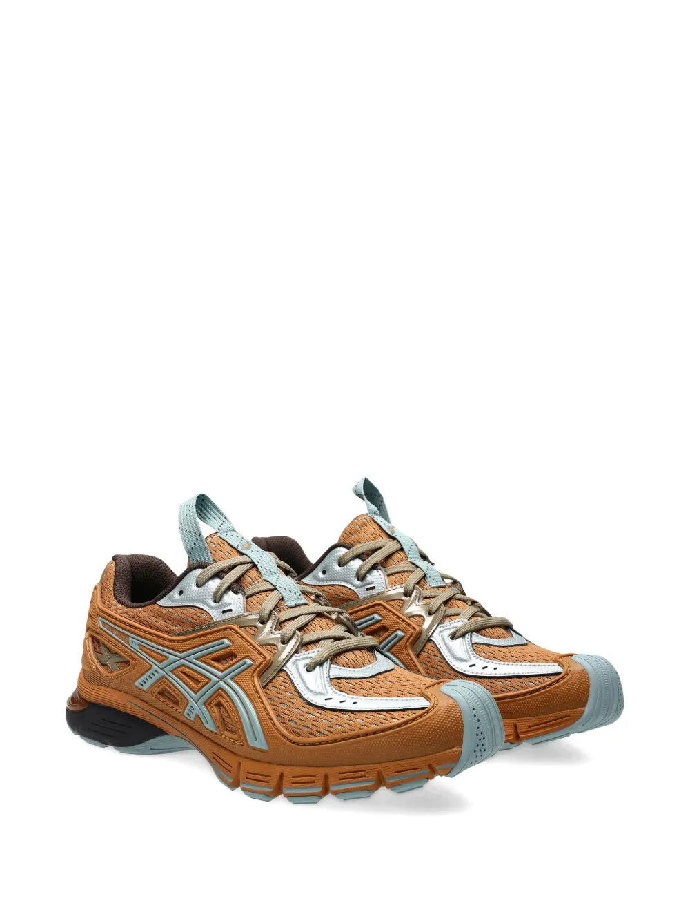 Orange and light blue Asics logo sneakers, side view with lace-up front