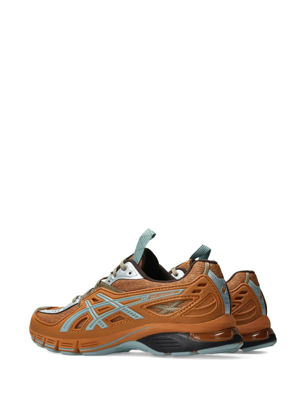 Orange Asics logo-detail sneakers, angled side profile with textured overlays