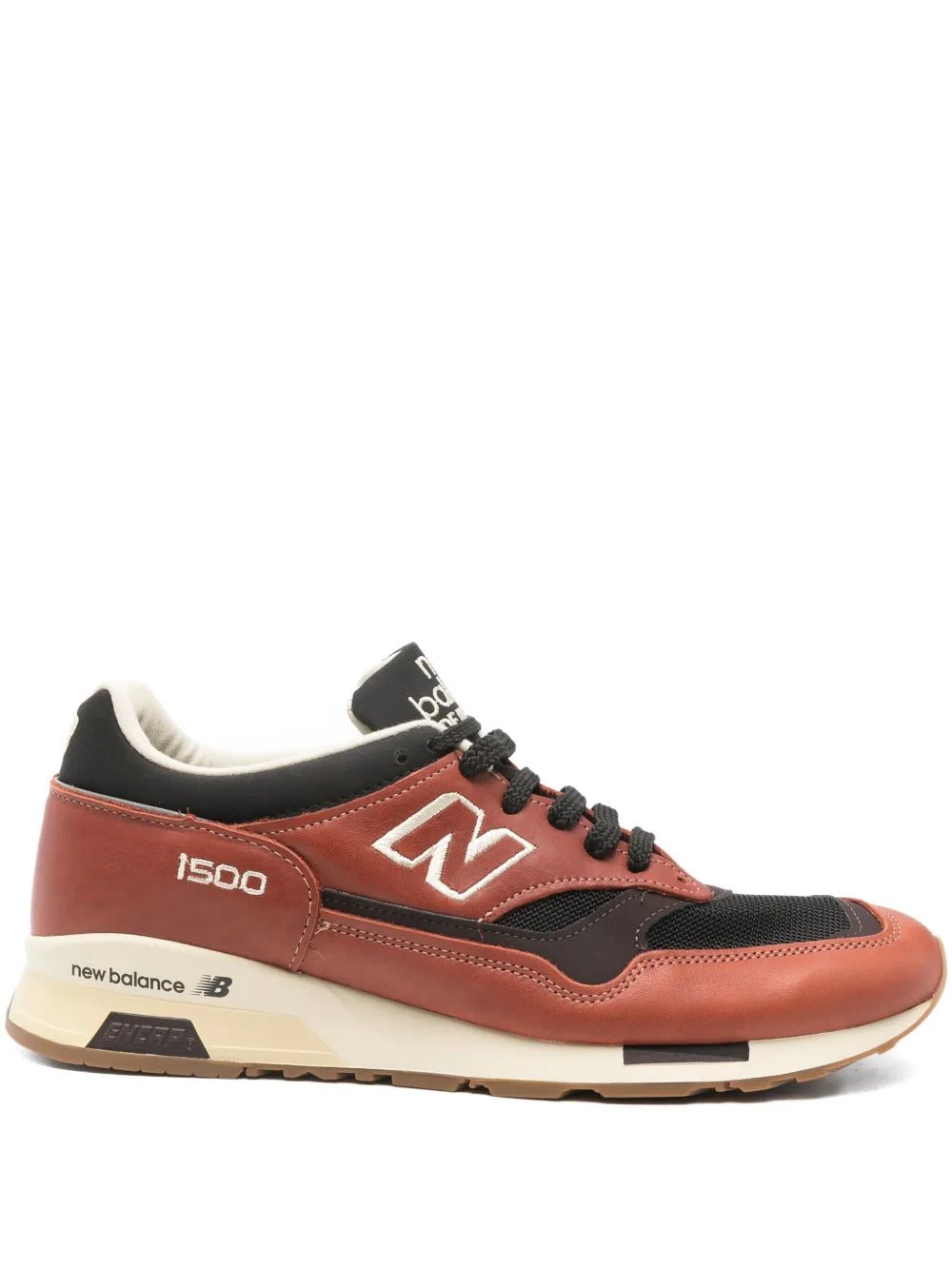 Orange and black New Balance 1500 lace-up sneakers with N logo and cream sole