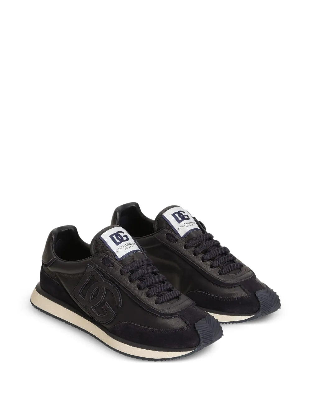 Dolce & Gabbana black logo-patch sneakers, pair view, lace-up with tongue labels