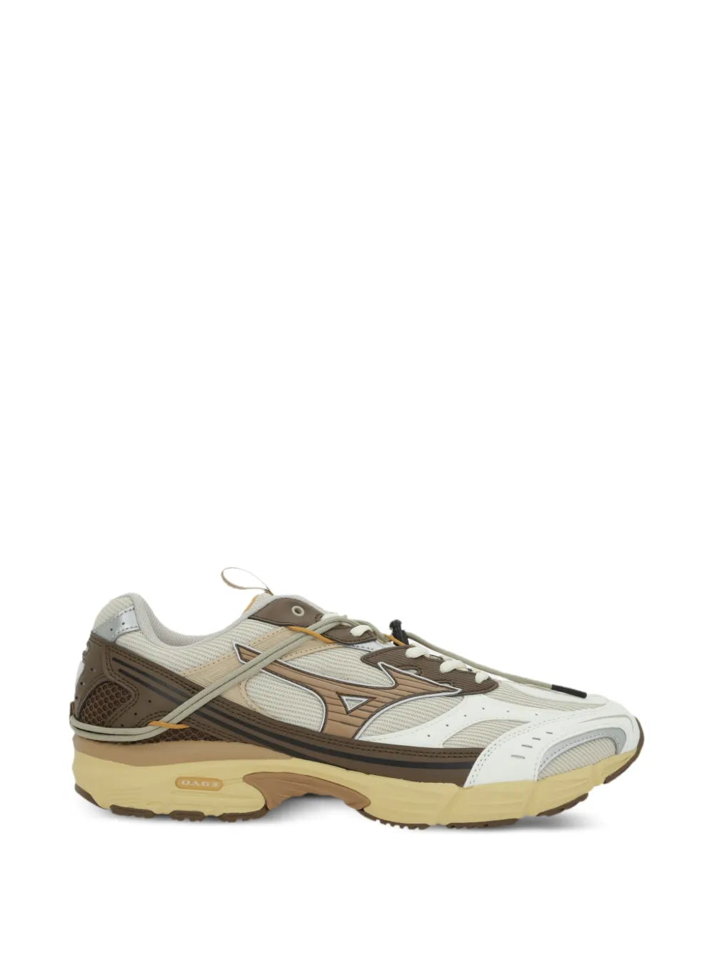 Brown and white lace-up Mizuno sneakers with logo detail and cushioned sole