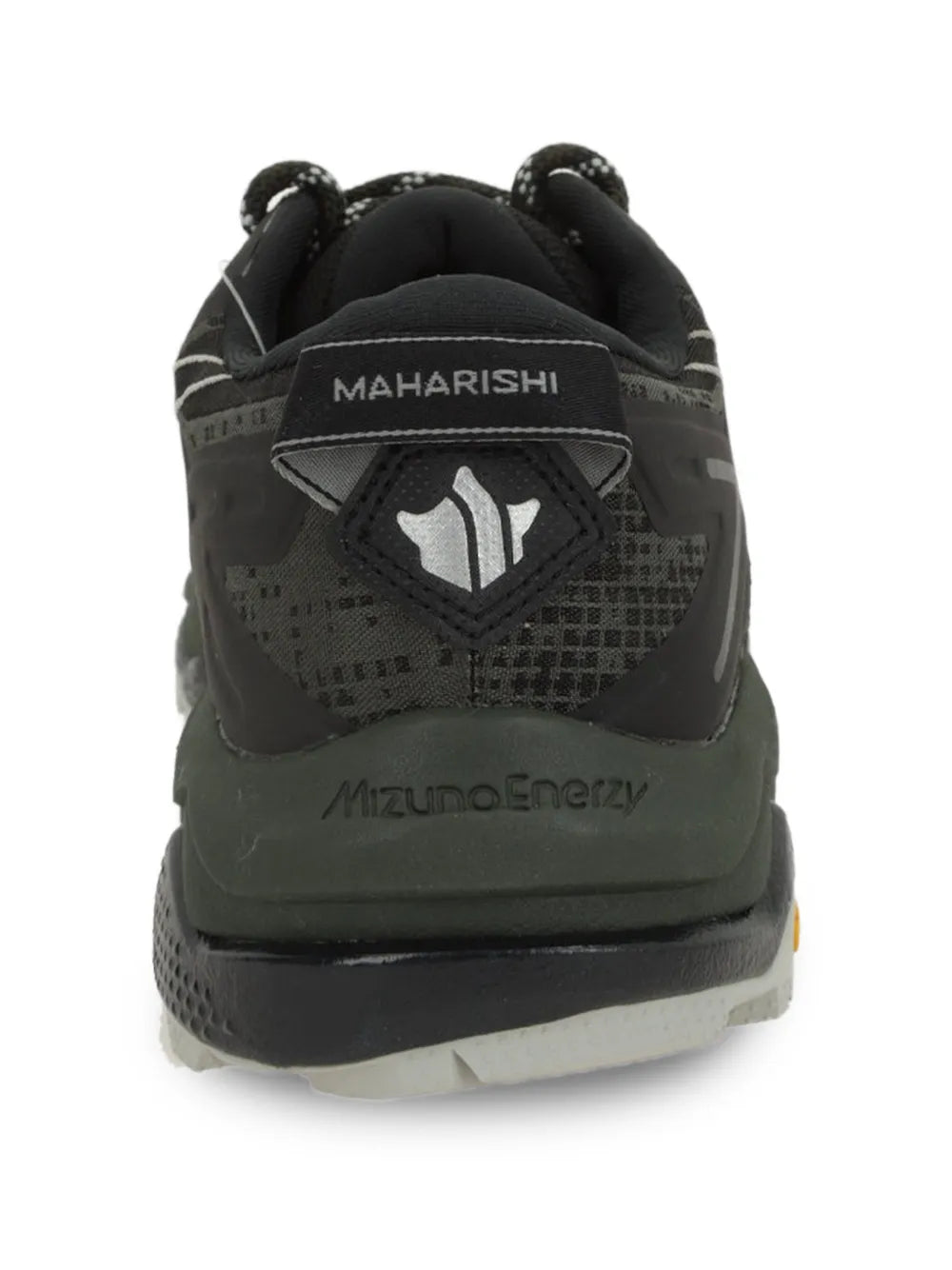 Black lace-up sneakers with MAHARISHI heel patch, cushioned collar, thick sole