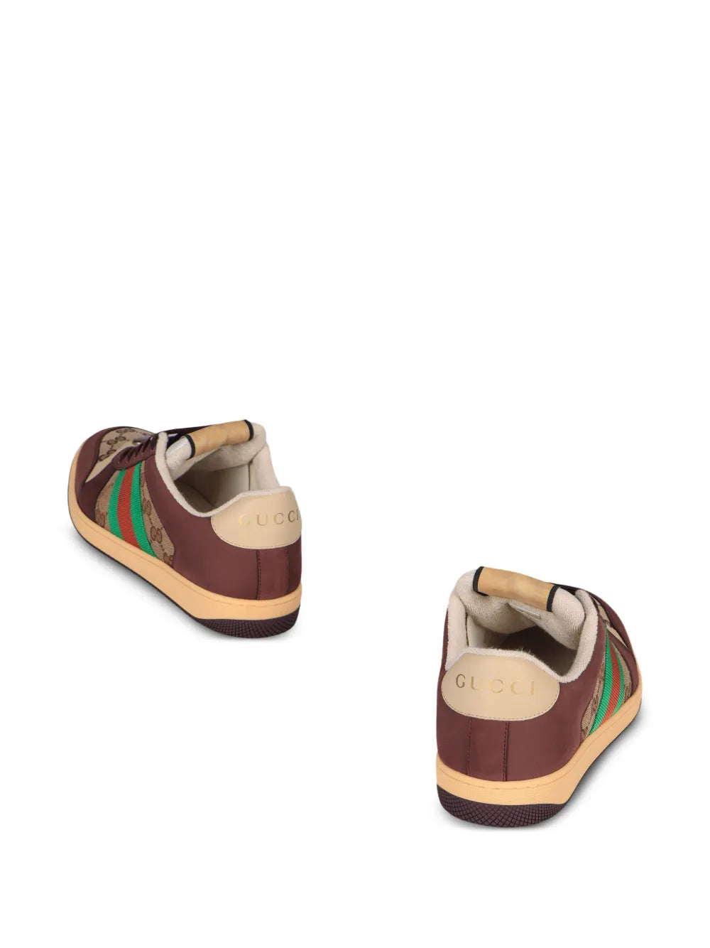 Brown low-top sneakers with green and red web stripe, tan heel and heel tab