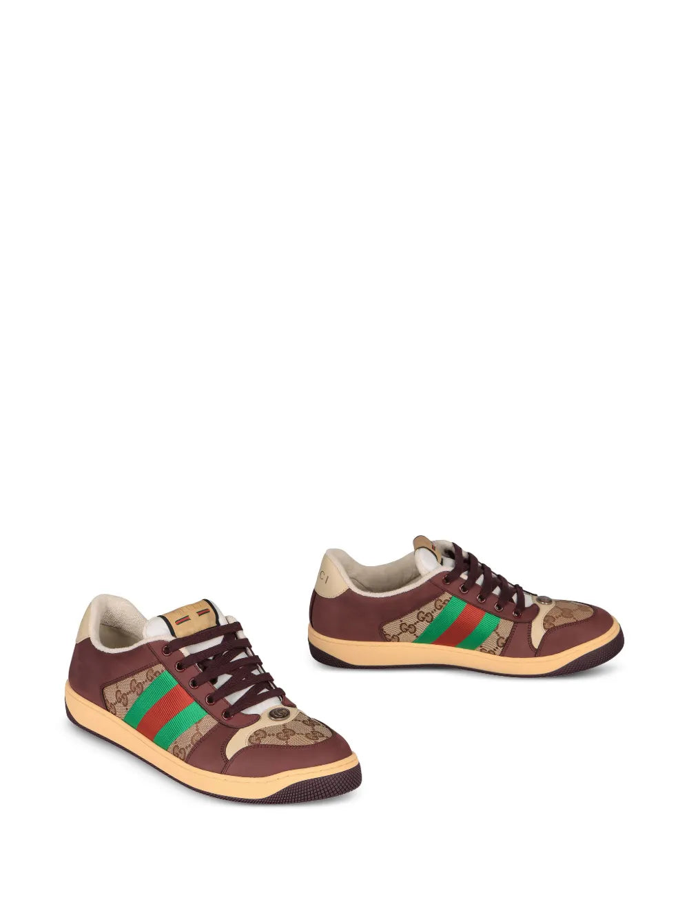 Pair of brown low-top lace-up sneakers with green and red web stripe