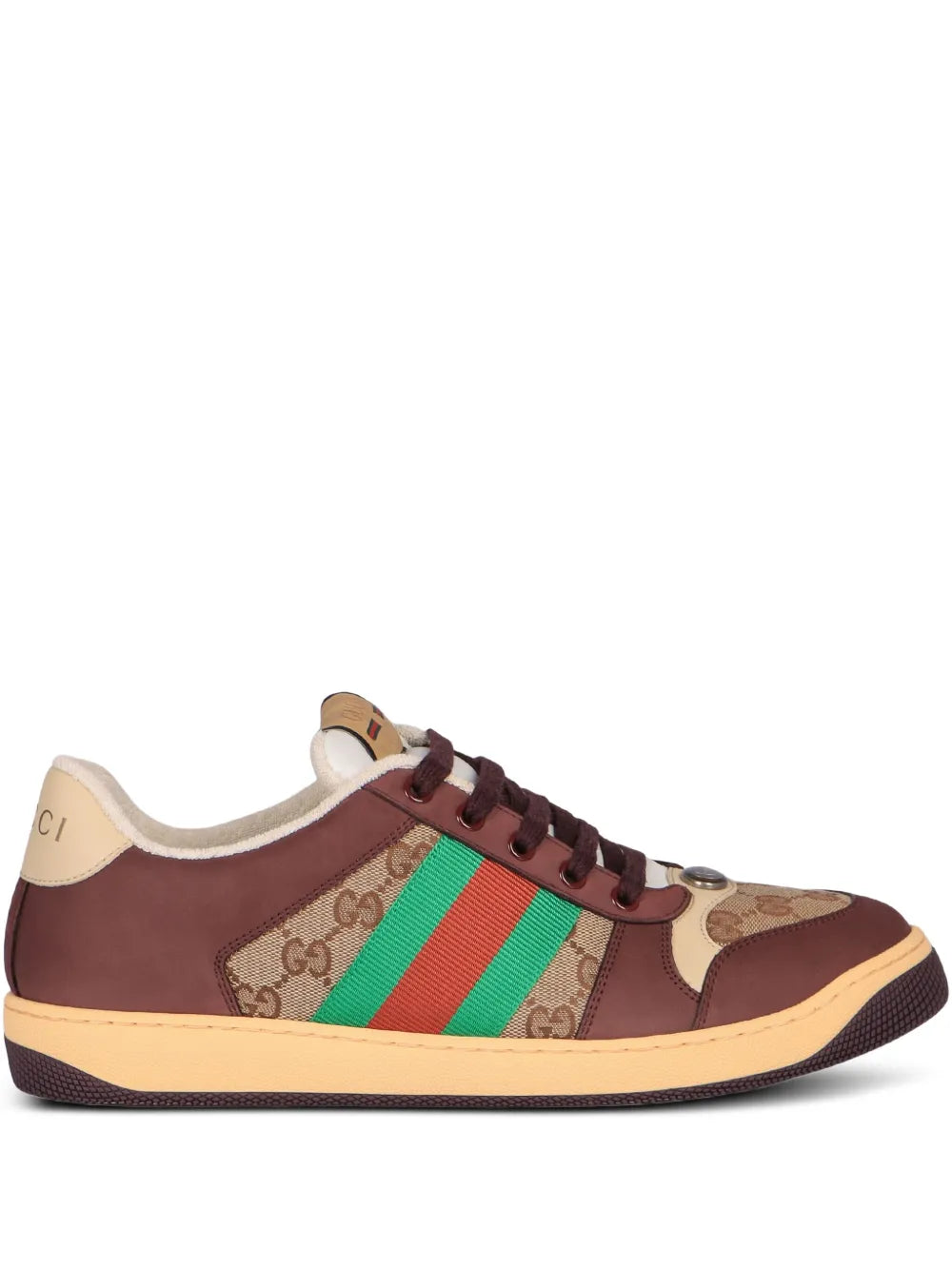 Brown low-top lace-up sneakers with green and red web stripe and tan rubber sole