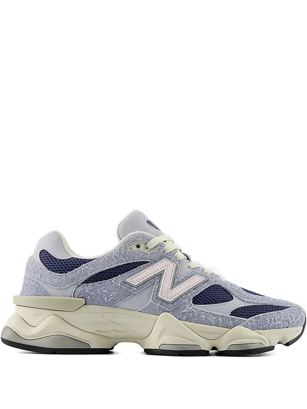 New Balance 9060 sneakers in light grey with navy accents and cream rubber sole