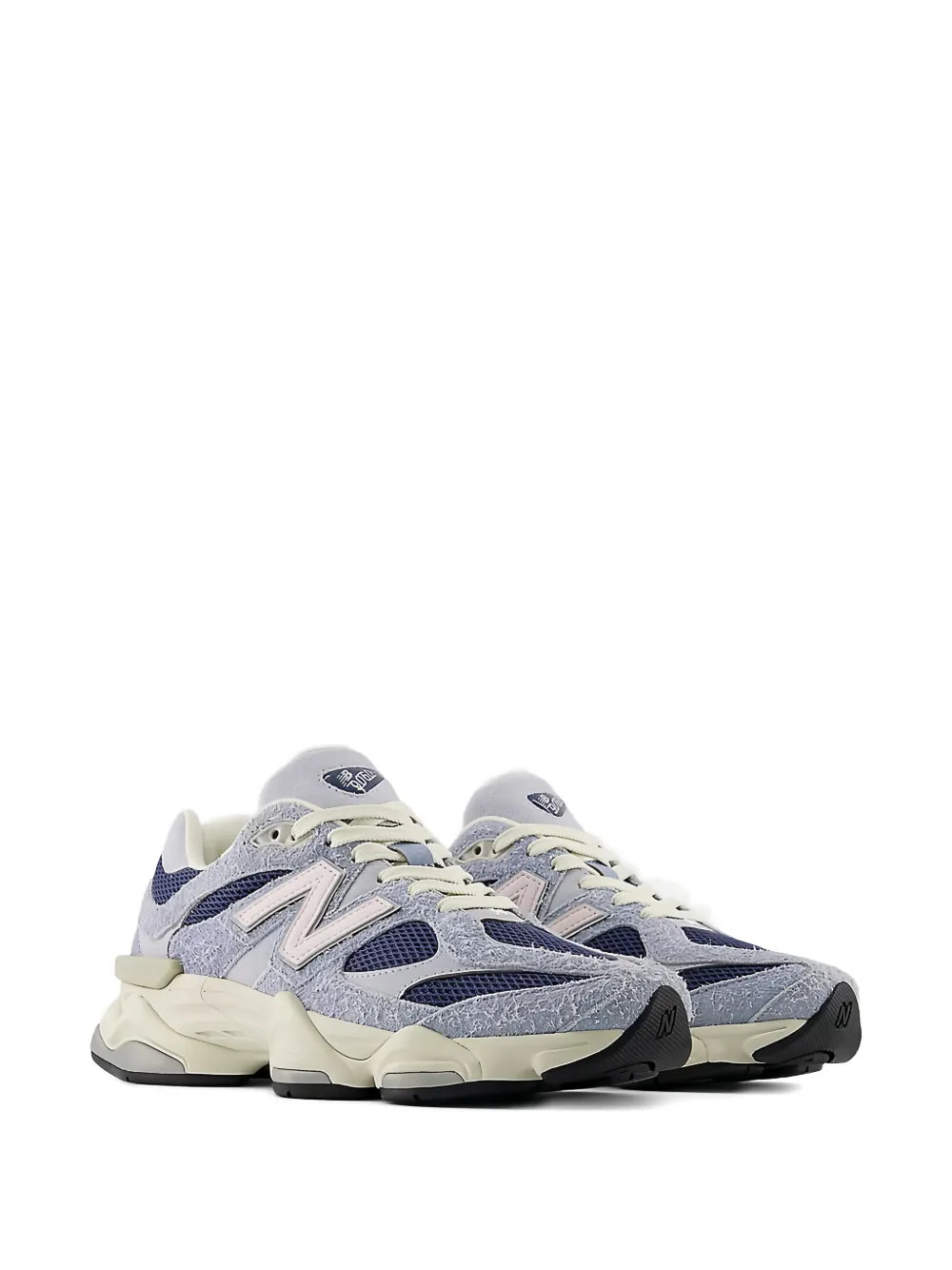 New Balance 9060 sneakers, light grey mesh with navy overlays and cream sole, lace-up