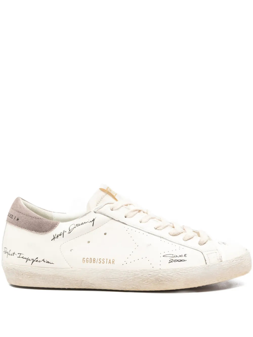 Golden Goose Super-Star sneakers in off-white leather, lace-up side view with logos