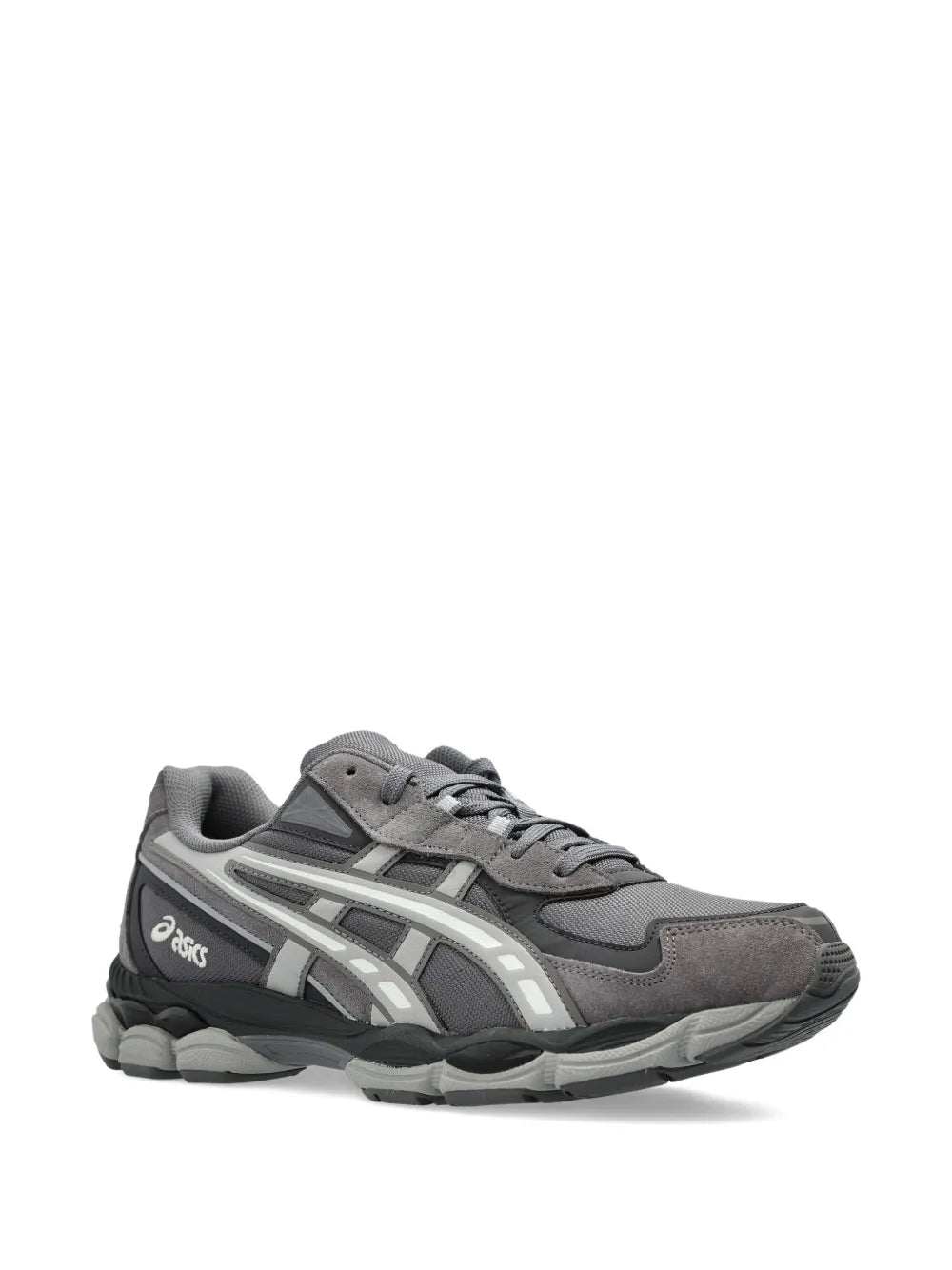 Grey lace-up Asics sneakers with side stripes and cushioned midsole