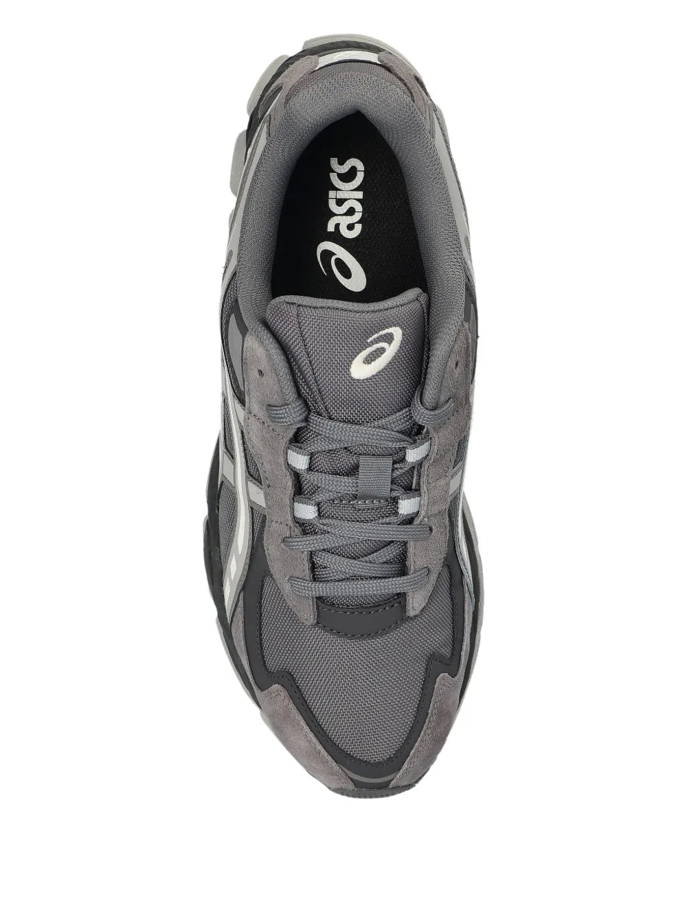 Grey Asics sneakers, rear and tongue with lace eyelets and logo