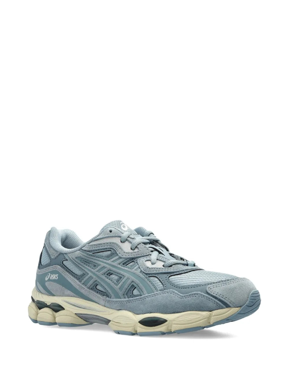 Light blue ASICS lace-up running sneakers with chunky cream-tan midsole