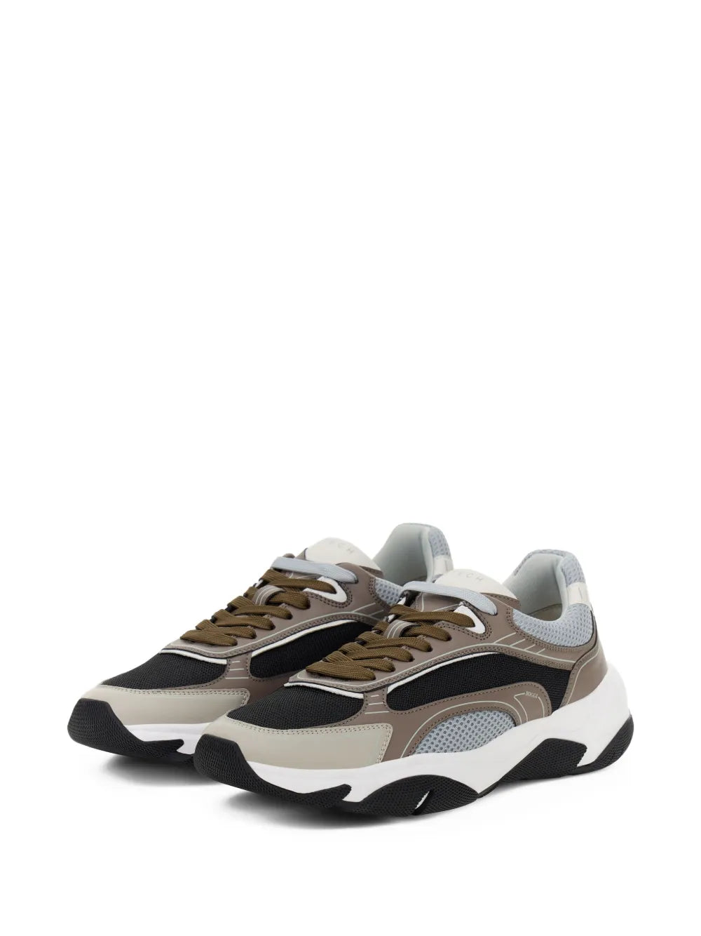 Chunky lace-up sneakers with brown laces, grey mesh panels, and white sole