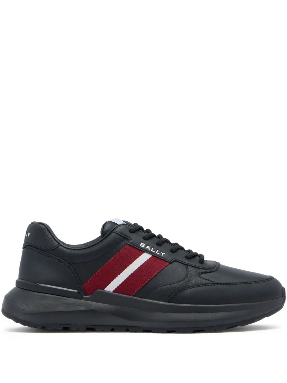 Black leather lace-up sneakers with red and white ribbon stripe detail