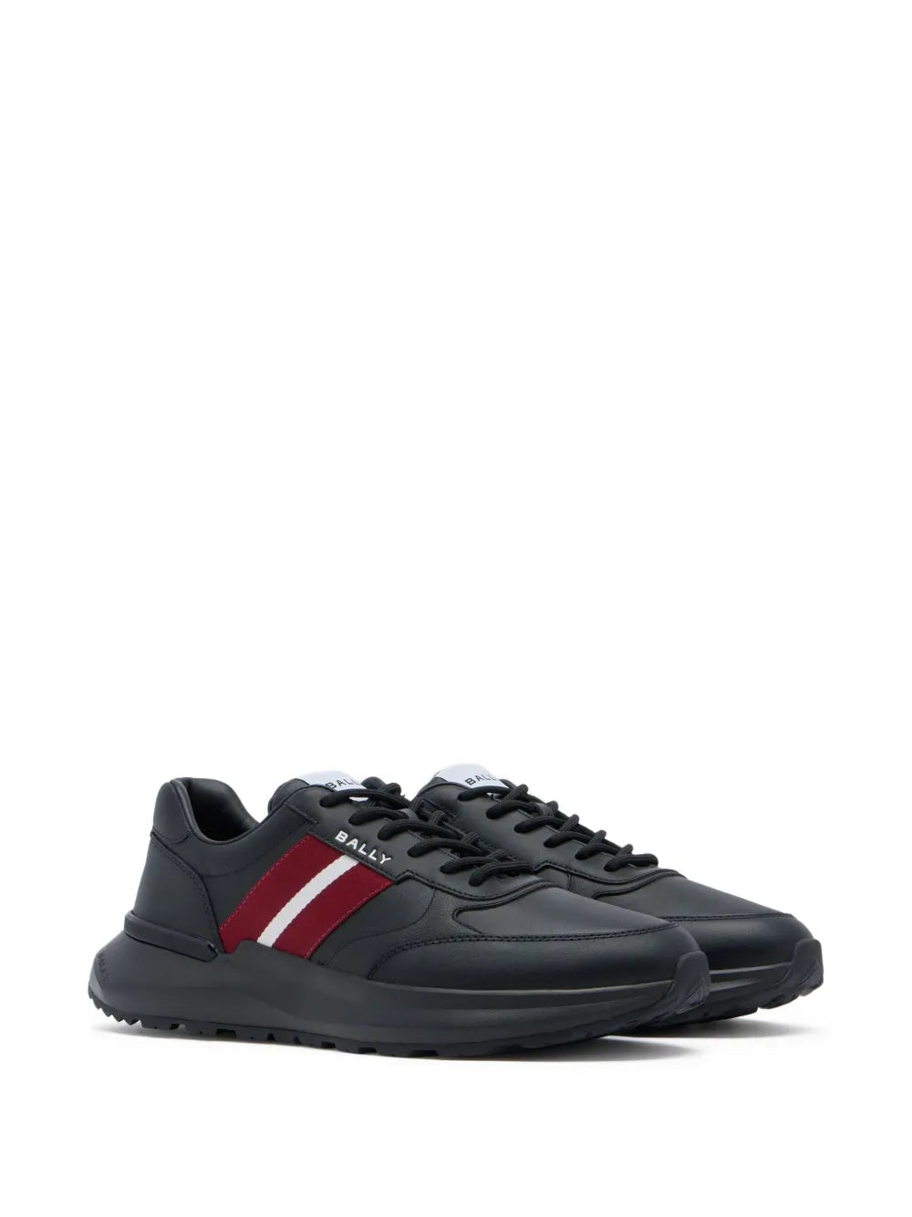 Black leather lace-up sneakers, side view with red and white stripe