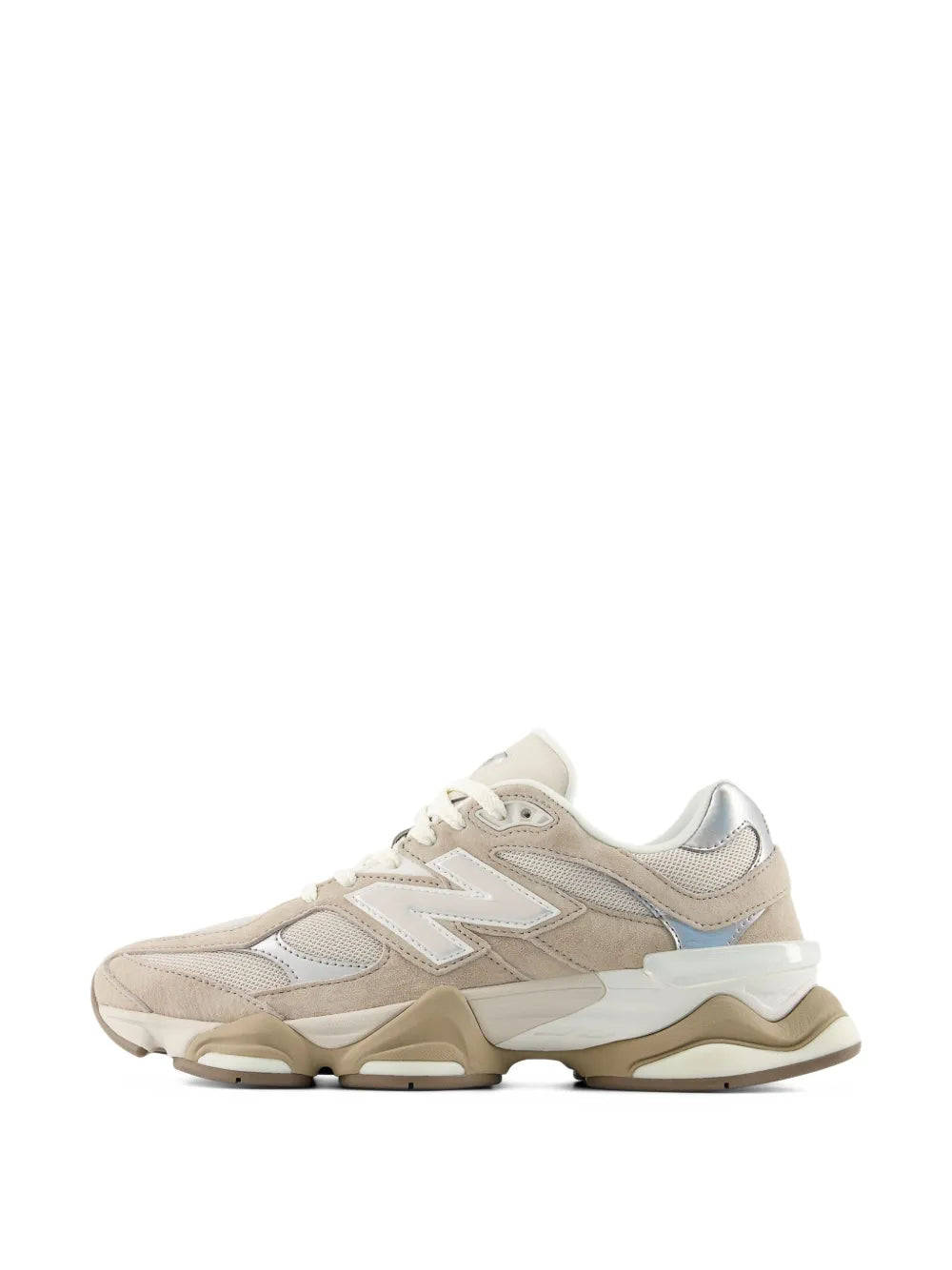 Beige New Balance 9060 low-top sneakers, front 3/4 view with sculpted midsole