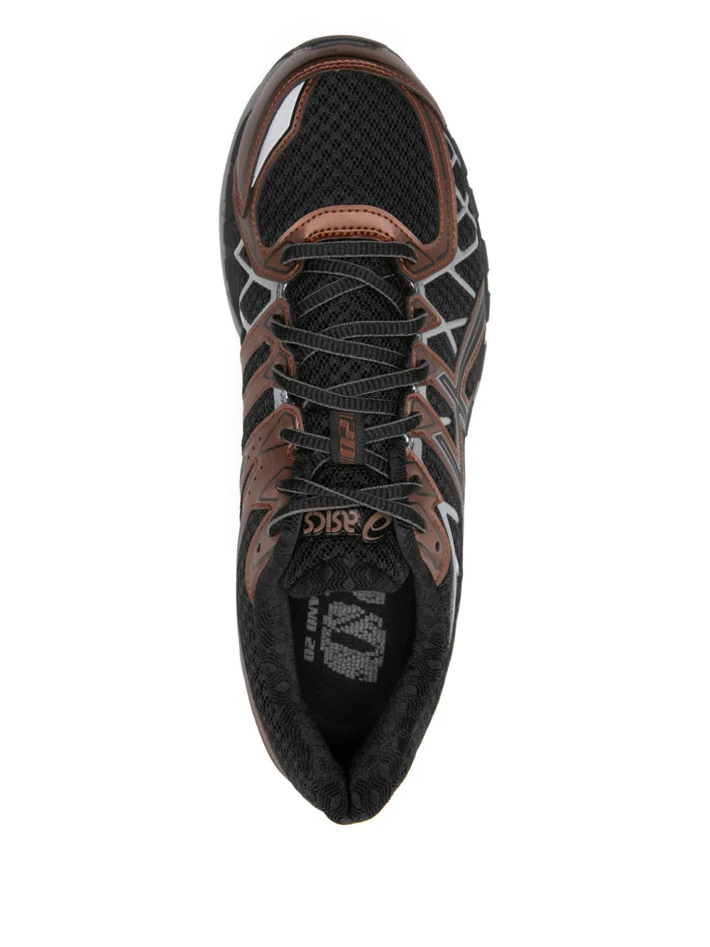 Asics Kayano 20 logo sneakers with black lining and copper trim, side profile